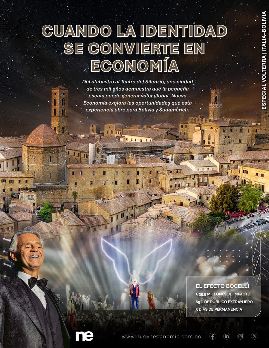 Portada del especial Volterra de Nueva Economía, con la ciudad toscana iluminada de noche