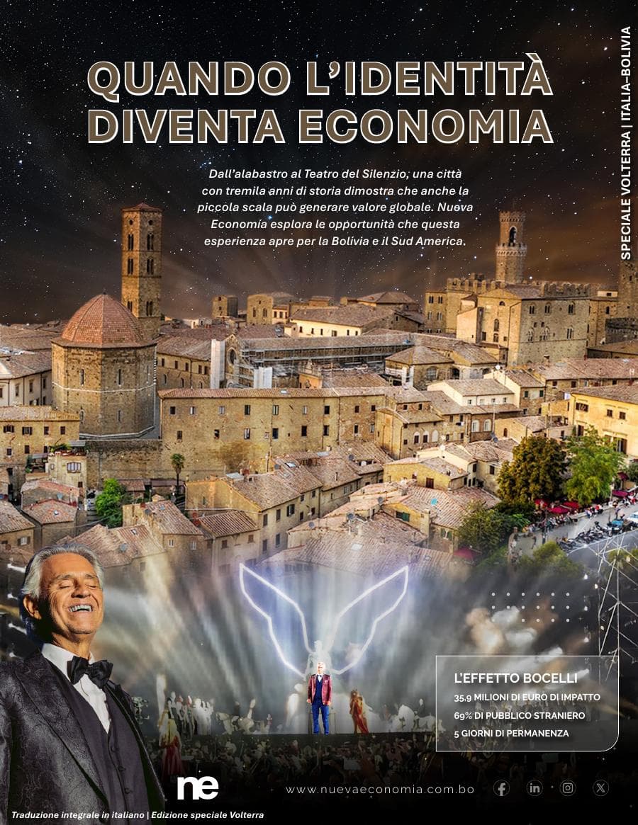 Copertina dello speciale Volterra di Nueva Economía, con la città toscana illuminata di notte