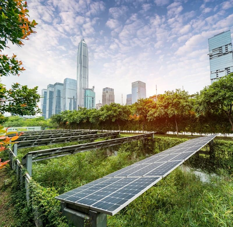 Parque solar urbano rodeado de vegetación frente a la ciudad