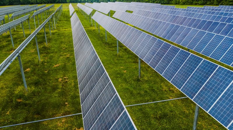 Hileras de paneles solares instalados sobre un campo verde